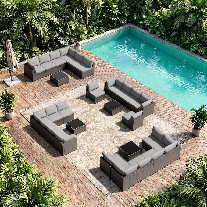 Patio Furniture Set - All-Weather - 7 Piece Patio Outdoor Conversation Set, Modular Wicker Rattan Sectional Sofa for Backyard, Garden, Poolside, Balcony, Porch, Patio, Brown/Light Gary