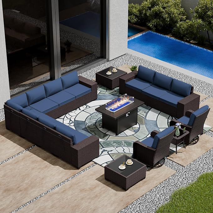 16 PCS Outdoor Patio Furniture Set,Outdoor Sectional Furniture with 45" 55000 BTU Gas Propane Fire Pit Table,PE Rattan Wicker Patio Conversation Set,Swivel Rocking Chairs Set,Navy Blue