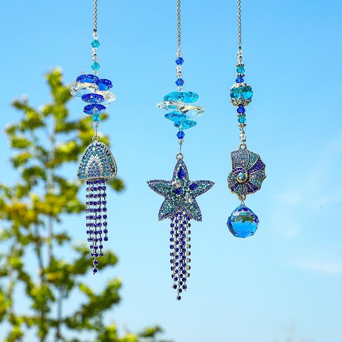 3 Pcs Rhinestone Crystal Ocean Suncatcher Pendants Window Decor | Rhinestone Crystal Suncatcher Pendants Starfish Jellyfish Conch with Beads Prism Hanging for Window Garden Wedding Decor