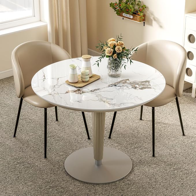 Table Top 35.4″ Round White Marble Sintered Stone - Heat Scratch Stain Resistant for Dining Office Bar Patio, Weatherproof Easy Clean
