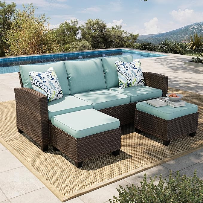 HERA'S HOUSE Small Patio Furniture Set, 3 Pieces Wicker Outdoor Sectional Set, L-Shaped Patio Couch Set, Modular Rattan Conversation Set with Lounge Sofa and Ottomans for Deck Lawn Garden, Blue