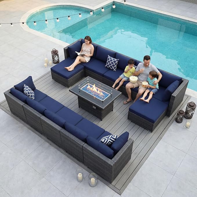 NICESOUL 13 Piece L-Shaped Outdoor Furniture Conversation with Fireplace Natural Gas/Propane, 29.3'' High Back Oversized Rattan Sofa Couch, Wide Deep Seated Patio Sectional, 2 Color Cushion Navy&Grey