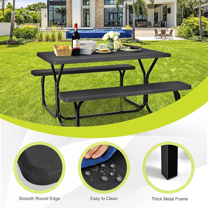 HAPPYGRILL Outdoor Picnic Table Bench Set with Metal Frame & All Weather-Resistant Surface, Camping Table Set for Patio Backyard Poolside Garden Dining Party