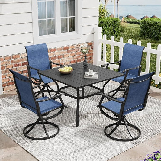 5 Pieces Patio Furniture Dining Set, 4 Textilene Swivel Dining Chairs, 38" Outdoor Square Metal Table with Storage Shelf and 1.57" Umbrella Hole, Outdoor Dining Set for Porch, Lawn, Black/Blue