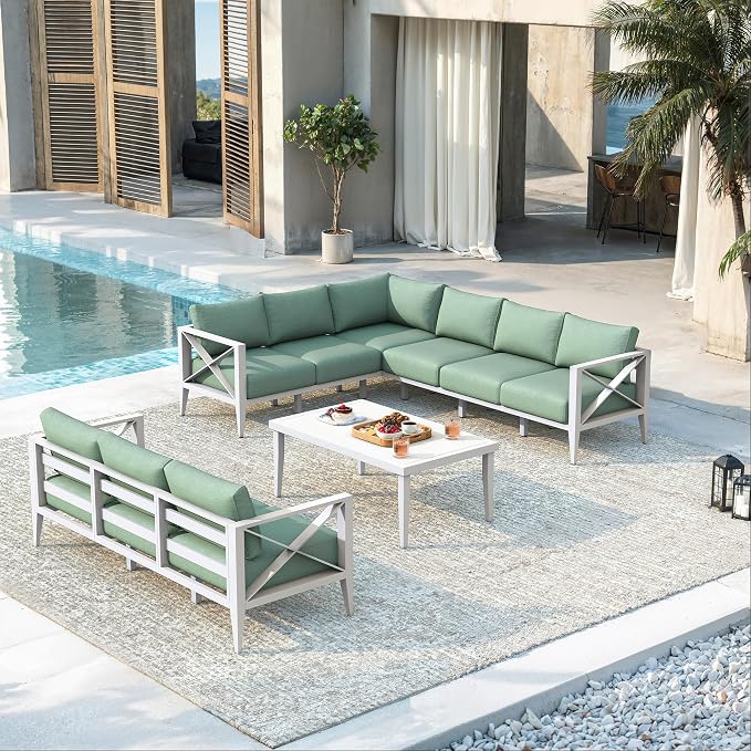 Patio Sectional Sofa Set 9 Seat Outdoor Conversation Set with Cushions, Aluminum Patio Furniture for Backyard Deck Garden Seating