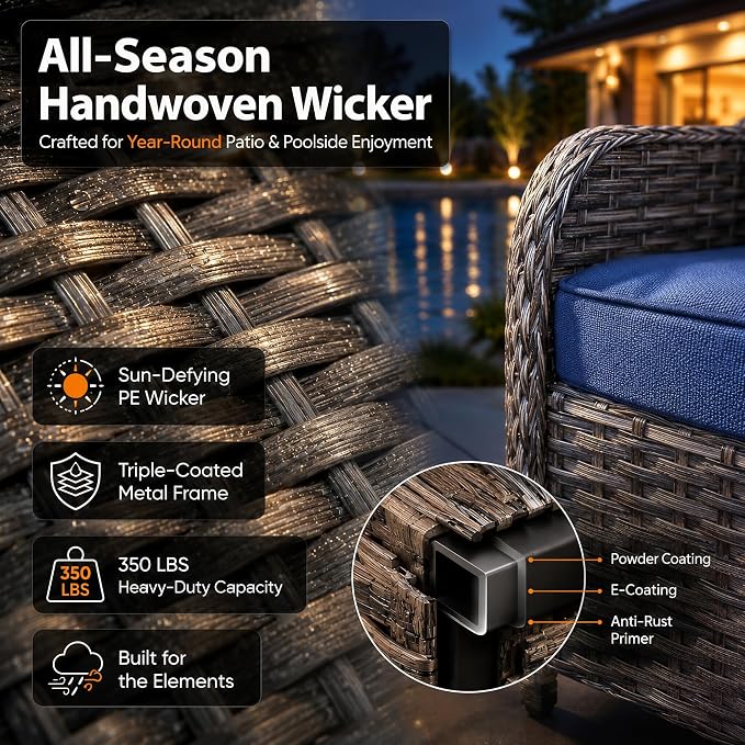 HUMMUH 10-Piece Wicker Swivel Rocker Patio Furniture Set with Fire Pit | 50,000 BTU fire pit, 6-inch 28D foam cushions, UV-proof PE wicker, Olefin fabric, 350lb weight capacity