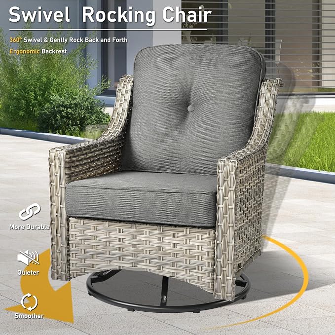 HOOOWOOO 5 Piece Patio Furniture Conversation Sets with Swivel Rocking Chairs,Outdoor Wicker Furniture with LED Tablet,All Weather Resistant High Back Rattan Conversational Set(Dark Grey Gray)