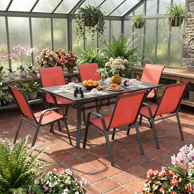 KEIKI 7-Piece Outdoor Patio Dining Set, Waterproof Patio Table and Chairs for 6, Rectangular Wood-Grain Metal Table with Umbrella Hole for Lawn Garden Backyard, Black+Red