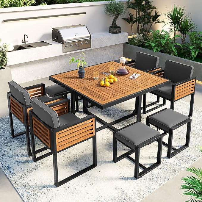 9-Piece Outdoor Patio Acacia Wood Dining Table Set, Square Table with 4 Cushioned Chairs& 4 Stools, All-Weather Resistant Conversation Set with Metal Frame, Space-Saving Design for 8 (Gray-1.8)