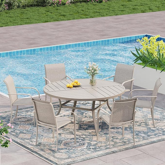 VICLLAX 7 Pieces Patio Outdoor Dining Set, 50" Round Metal Table with Umbrella Hole and 6 Stackable Textilene Chairs for Patio, Lawn, Garden, Porch, Sandshell