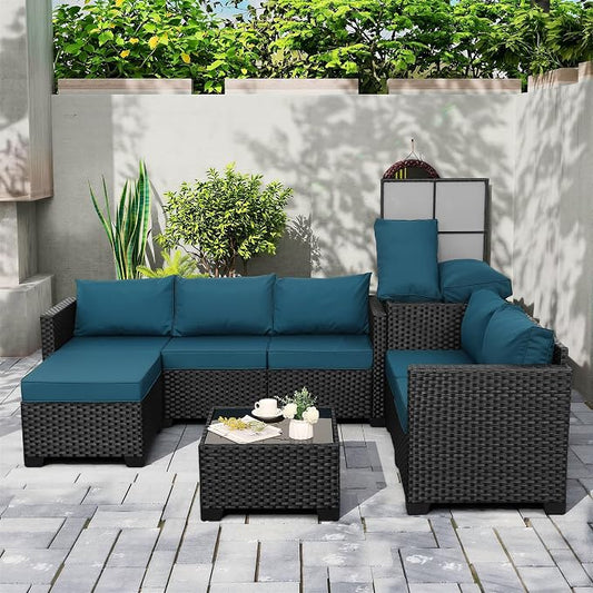 Valita Patio Furniture Set with Storage Box 5 Pieces Black Wicker Outdoor Couch Sectional with Glass Table and Non-Slip Cushions and Furniture Covers, Peacock Blue