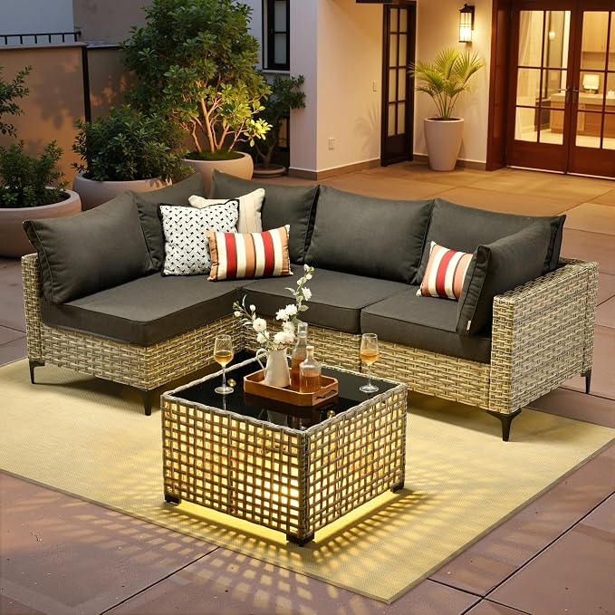5 Pieces Patio Sectional Furniture Set, Outdoor Wicker Sectional Couch with Solar Lights Table, Modern Conversation Set for Porch Balcony Backyard, Black
