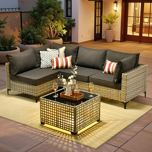 5 Pieces Patio Sectional Furniture Set, Outdoor Wicker Sectional Couch with Solar Lights Table, Modern Conversation Set for Porch Balcony Backyard, Black