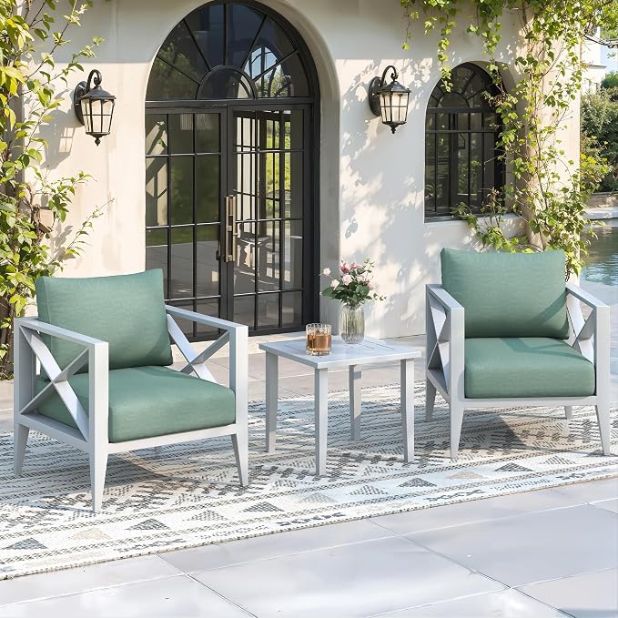 Aluminum Outdoor Patio Furniture Set, 3 Pieces Conversation Set with 5.2 Inch Cushions and Coffee Table, All-Weather Rust-Resistant Frame Conversation Set for Porch, Garden, Backyard, White