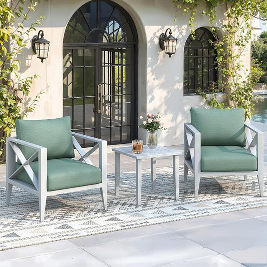 Aluminum Outdoor Patio Furniture Set, 3 Pieces Conversation Set with 5.2 Inch Cushions and Coffee Table, All-Weather Rust-Resistant Frame Conversation Set for Porch, Garden, Backyard, White