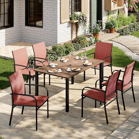 MIXPATIO Patio Table and Chairs Set, Outdoor Dining Set for 6 with Red Chairs and Teak Color Tabletop Outdoor Dining Table, 7-Piece Patio Furniture Set for Deck Backyard Lawn