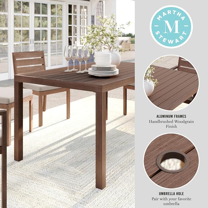 Martha Stewart Bedford 62" Indoor-Outdoor Aluminum Patio Table with Umbrella Hole and Brushed Woodgrain Finish in Brown