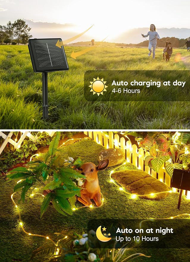 Brightown 2 Pack 72FT 200LED Solar Rope Lights, Warm White(Total 400LED) | IP65 Waterproof Solar Fairy Lights with 8 Lighting Modes, Outdoor String Lights for Party Garden Yard Holiday Tree Decoration