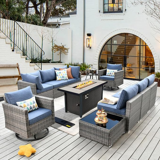 CAODOC 11 Piece Outdoor Patio Furniture Set with 53" Fire Pit Table, Wicker Sectional Conversation Set Whit Swivel Chairs,Modern Outside Sofa for Balcony Backyard(Blue)