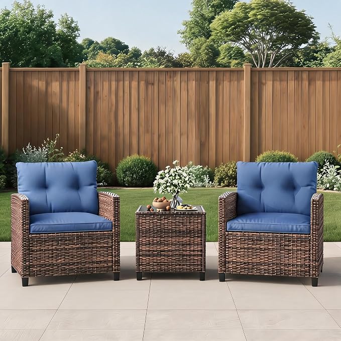 IDEALHOUSE 3 Piece Outside Patio Furniture Set, Outdoor Wicker Chair Conversation Set with Glass Coffee Table, PE Rattan Patio Furniture for Backyard, Porch, Patio, Poolside