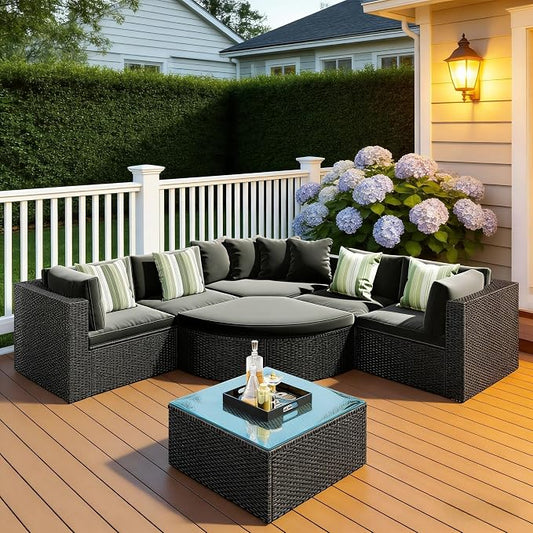 LUMISOL 7-Piece Patio Sofa Set, 93.5" Large Outdoor Half-Moon Sectional Sofa with Curved Ottoman & Coffee Table, Wicker Patio Conversation Set with Cushions for Backyard, Garden, Green Grey
