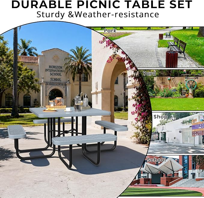All-Weather Square Outdoor Picnic Table, Commercial Picnic Table Bench Set with Umbrella Hole, Thermoplastic Coated Metal Dining Tables for School, Stores, Park, Patio, Yard, Grey