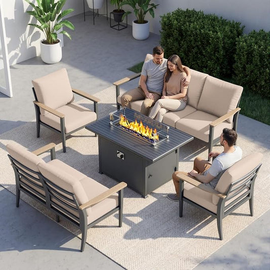 Aluminum Outdoor Patio Furniture Set, 5-Piece Sectional Sofa with 5.1" Thick Cushions, 55,000 BTU Propane Fire Pit Table, Outdoor Couch for Backyard, Deck, Khaki
