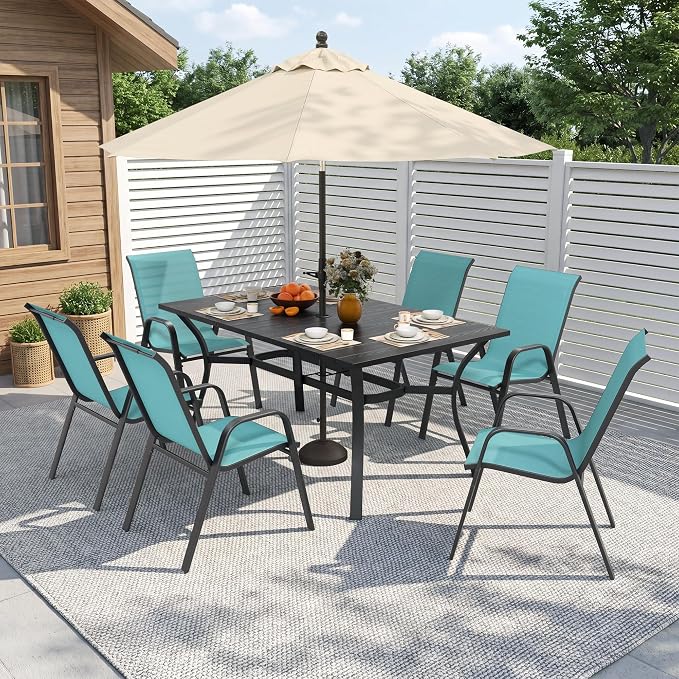Outdoor Dining Set for 6, Patio Metal Table and Chairs Set with 1.97'' Umbrella Hole, 7pcs Patio Furniture Set 63”x37.8” Dining Table Set with Stackable Chairs for Backyard Pool Deck