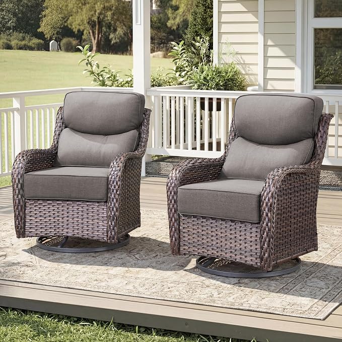 Luxury Outdoor Patio Furniture Set-High Back Outdoor Swivel Chairs Set of 2 with 6" Thick Cushions Wide Armrest All Weather Patio Conversation Sets for Deck Porch Balcony(Brown/Grey)