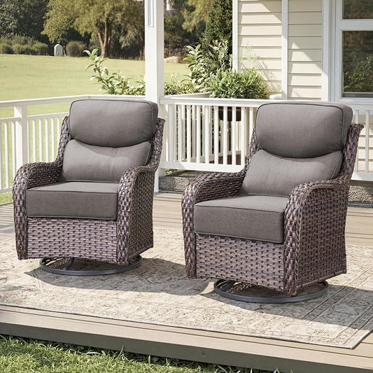 Luxury Outdoor Patio Furniture Set-High Back Outdoor Swivel Chairs Set of 2 with 6" Thick Cushions Wide Armrest All Weather Patio Conversation Sets for Deck Porch Balcony(Brown/Grey)