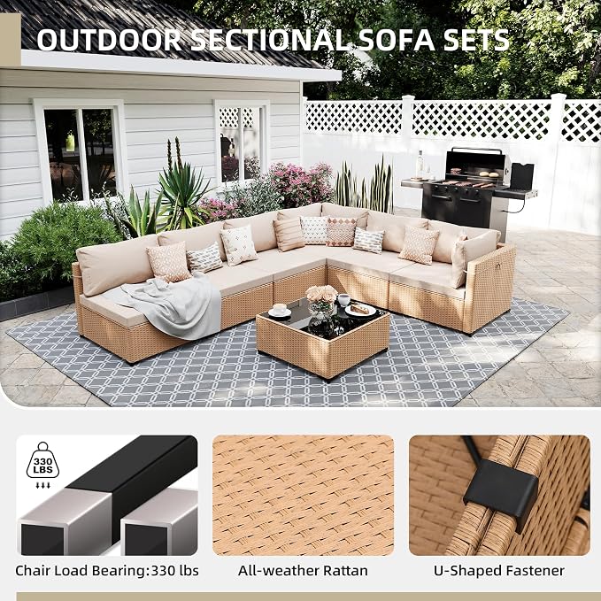 UPHA 7 Pieces Patio Furniture Sets, Wicker Outdoor Sectional Sofa Couch with Coffee Table, Patio Conversation Set for Deck Backyard Garden, Beige Rattan, Beige Cushion