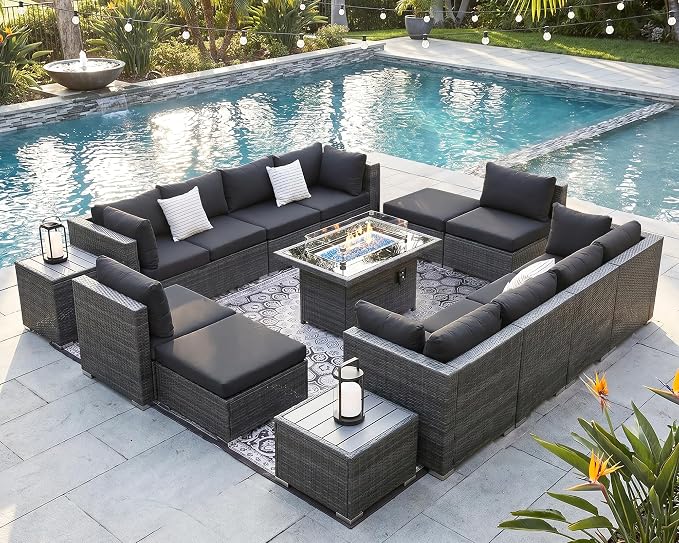 NICESOUL 15 Piece Outdoor Sectional with Fire Pit Table, Modern Luxury Patio Deep Seating w/Firepit, 29.3'' High-Back Wicker Couch Thick, Big High-Weight Capacity Sofa for Terrace, Yard, Dark Gray