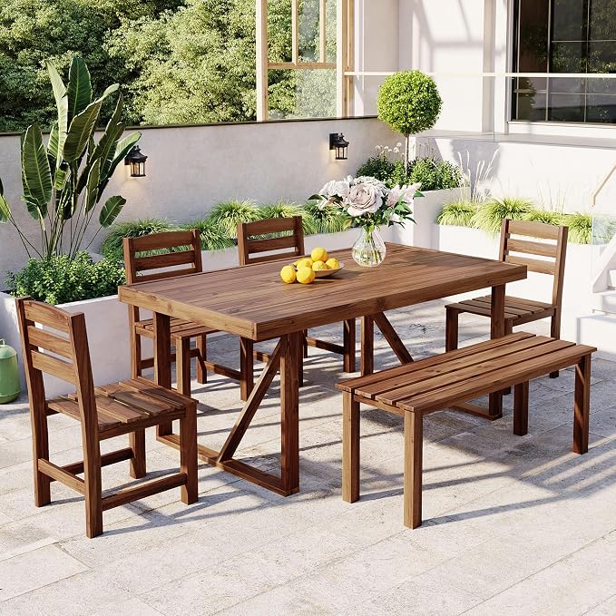 RuiSiSi Outdoor Dining Sets for 6, Acacia Wood Patio Table and Chairs Set with Bench and 4 Chairs for Balcony, Backyard, Garden, Poolside, Brown