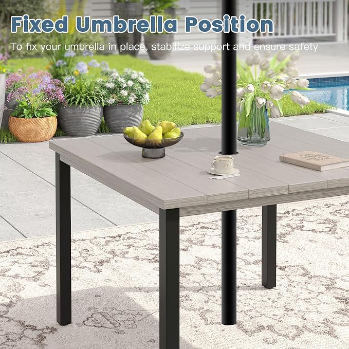 DIFY 40.2" Square Outdoor Dining Table for 4, Slatted Metal Patio Table with Adjustable Umbrella Hole, All-Weather Patio Dining Table for Garden Backyard Deck, Grey Wood-Like Tabletop