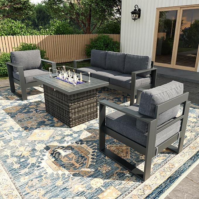 4 Piece Modern Aluminum Patio Furniture Set with Fire Pit Table, Outdoor Patio Sectional Conversation Metal Seating Sets with Olefin Cushion