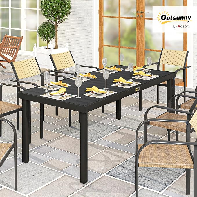 Outsunny 75" x 35" Outdoor Dining Table for 8 People, Rectangular Aluminum Frame Garden Table with All-Weather Faux Wood Top for Lawn, Patio, Black