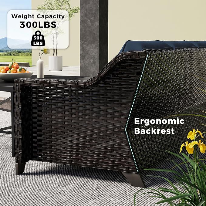 6 Pieces Patio Conversation Furniture Set - 2 Sofas, 2 Swivel Chairs, 2 Ottomansm, Outdoor Wicker Furniture with Removable Cushions for Porch, Balcony, Sunroom (Blue)