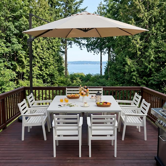 10-Piece Outdoor Dining Set, All-Weather HDPE Patio Furniture, Two 66.5" Slatted Table with 1.6" Umbrella Hole & 8 Ergonomic Armchairs, Heavy Duty 350lbs Capacity, UV Resistant, White