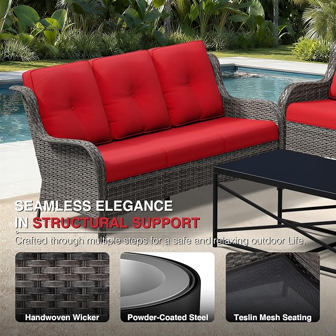 Joyside 9 Piece Wicker Patio Furniture Set, Outdoor Swivel Rocker Patio Chairs with High Back, Deep Seating, Wide Armrest, Thickened Cushions, Outdoor Furniture for Deck, Porch Use