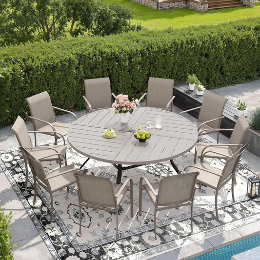 DIFY Patio Dining Set for 10, 11 Piece Outdoor Table and Chairs Set, 59.8" Grey Wood-Like Round Metal Patio Dining Table and 10 Sandshell Textilene Stackable Patio Chairs, for Backyard Garden Deck