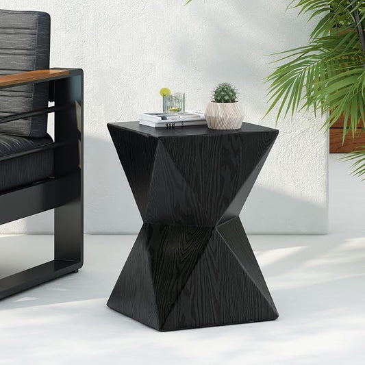 Christopher Knight Home Square Side Table, Concrete Outdoor Accent Table with Wood Grain Finish Modern Design, Ideal for Patio, Garden, Balcony, Living Room, Black
