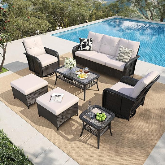 LazySunsets 9 Piece Outdoor Patio Furniture Set with Coffee Table, Wicker Rattan Outdoor Furniture with High Back Swivel Rocker Chairs, Outdoor Conversation Sets with Thick Cushions & Ottoman, Beige