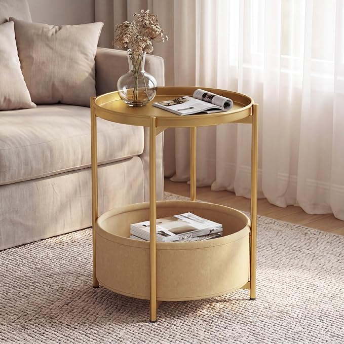 Garden 4 you Side Table with Fabric Storage Basket, Round Metal End Table, Small Bedside Table Nightstand with Removable Tray, for Nursery, Living Room, Bedroom, Bathroom, Gold