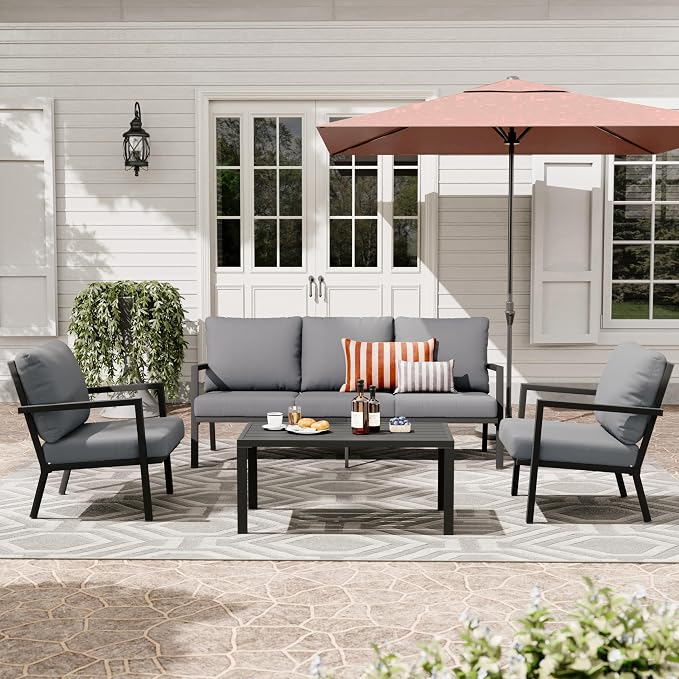 HAPPATIO Aluminum Patio Furniture Set, 4 Pieces Conversation Set with Thick Cushions and Coffee Table, All Weather 3-Seat Sofa Waterproof and Rustproof for Garden, Backyard, Porch, Black