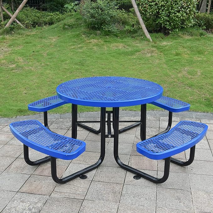 Heavy Duty Picnic Table for Outdoors 3200 lbs Load All Metal Dining Table with Umbrella Hole up to 1.5", Round Camping Table for Commercial Picnic Table with Benches, Blue