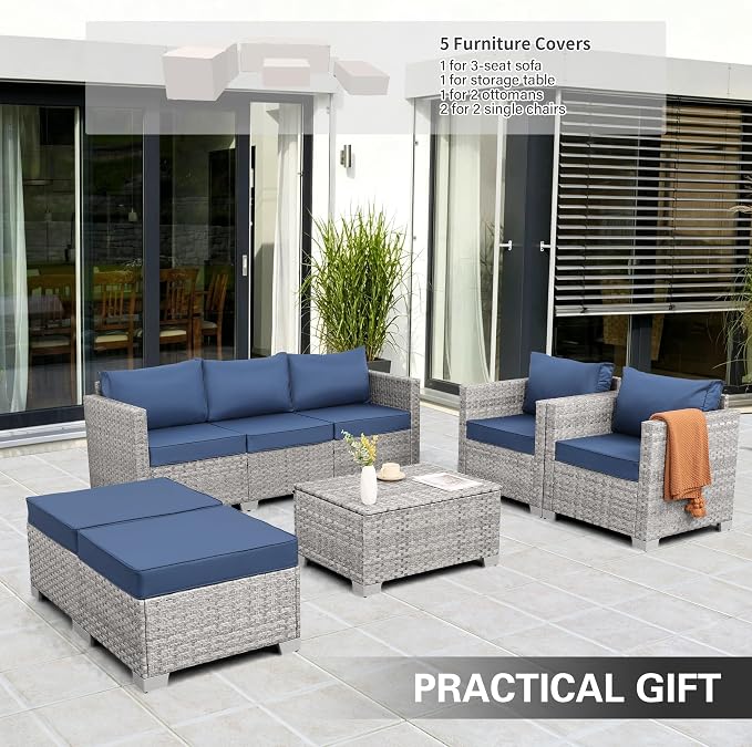 WAROOM Patio Furniture Set 6 Piece PE Rattan Outdoor Conversation Sets Grey Wicker Couch Sectional Sofa with Storage Coffee Table and Navy Blue Cushion