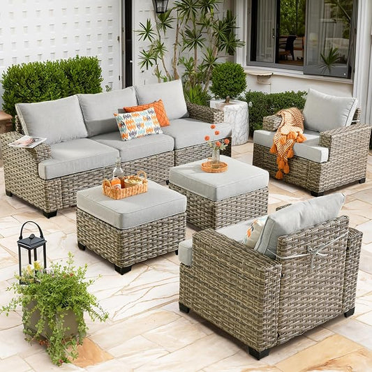 CAODOC Patio Furniture Sets 7 Pieces Outdoor Sectional Rattan Sofa Manual Weaving Wicker Patio Conversation Set with Ottomans and T Cushion(Grey)
