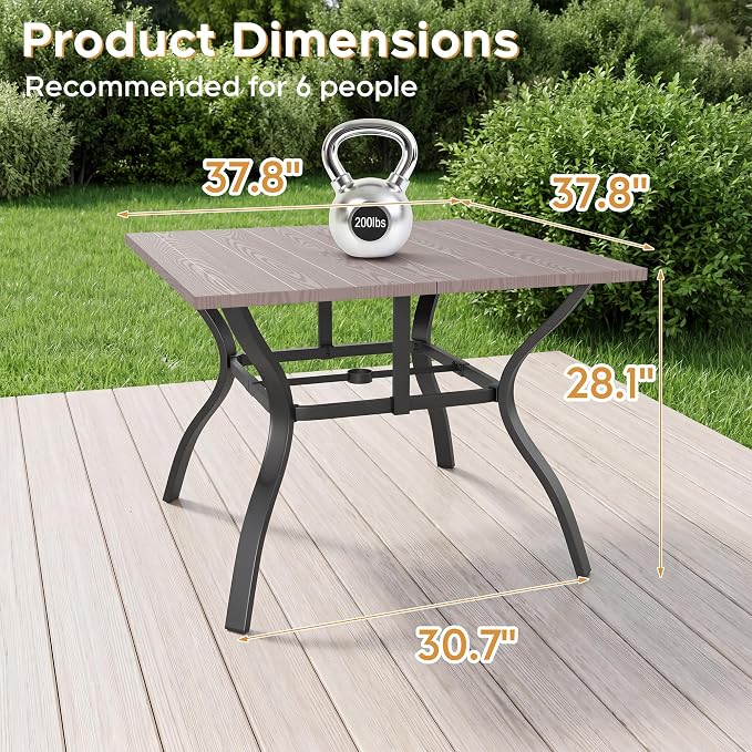 Outdoor Dining Table for 4-38" x 38" Matel Patio Table with E-Coated Finish, 1.6" Umbrella Hole for Garden, Backyard
