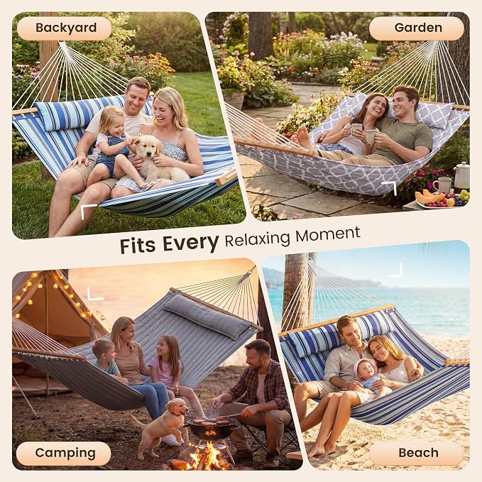 Everyfun Double Hammock with Spreader Bar - 2 Person Patio Hammock, 500 lbs Capacity, Soft Pillow & Carry Bag, Flat Wide Bed, Portable Quilted Hammock for Outdoor Camping Backyard Garden,White Gray