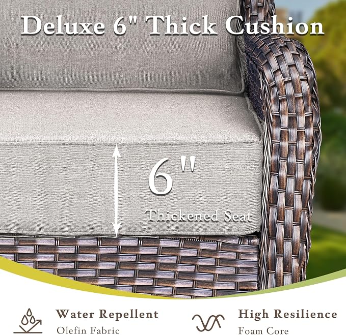 Luxury Outdoor Furniture Set with 6-Inch Thick Cushions, High Back Swivel Patio Chairs with Ottomans & Side Table, Wicker Outdoor Swivel Chairs Set for Porch, Yard, Deck, Poolside, Brown/Beige